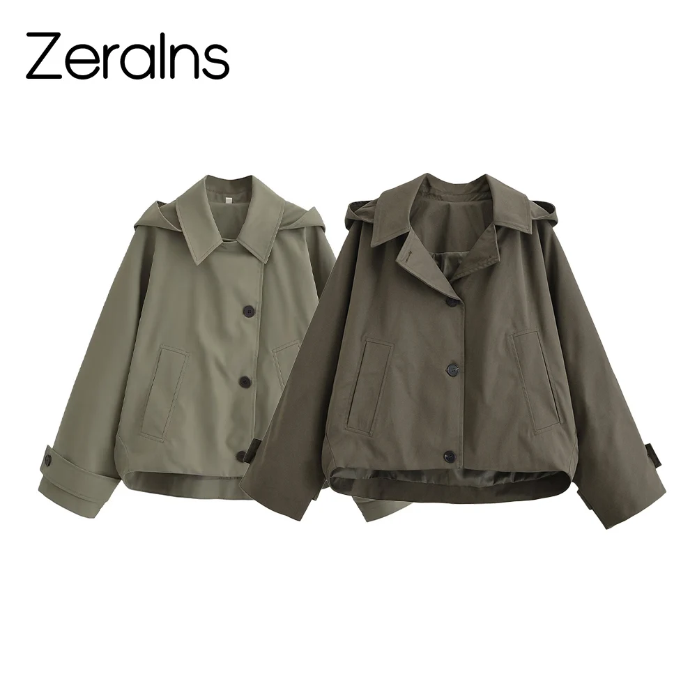 

ZERAINS Autumn new women's versatile casual short windbreaker jacket hooded long sleeved lapel jacket