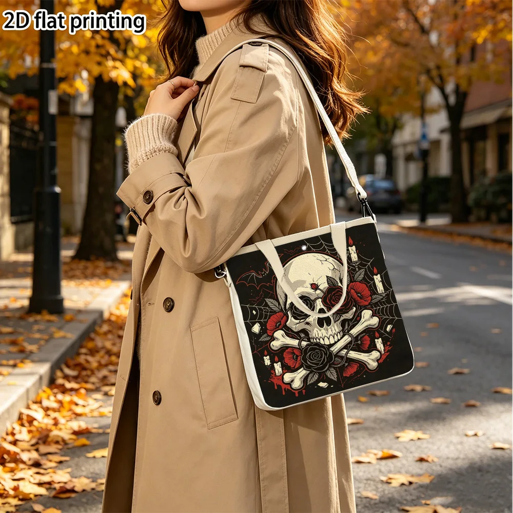 skull with roses Double-Sided Print Canvas Tote Bag Detachable Convertible Crossbody Strap for Weekend Travel