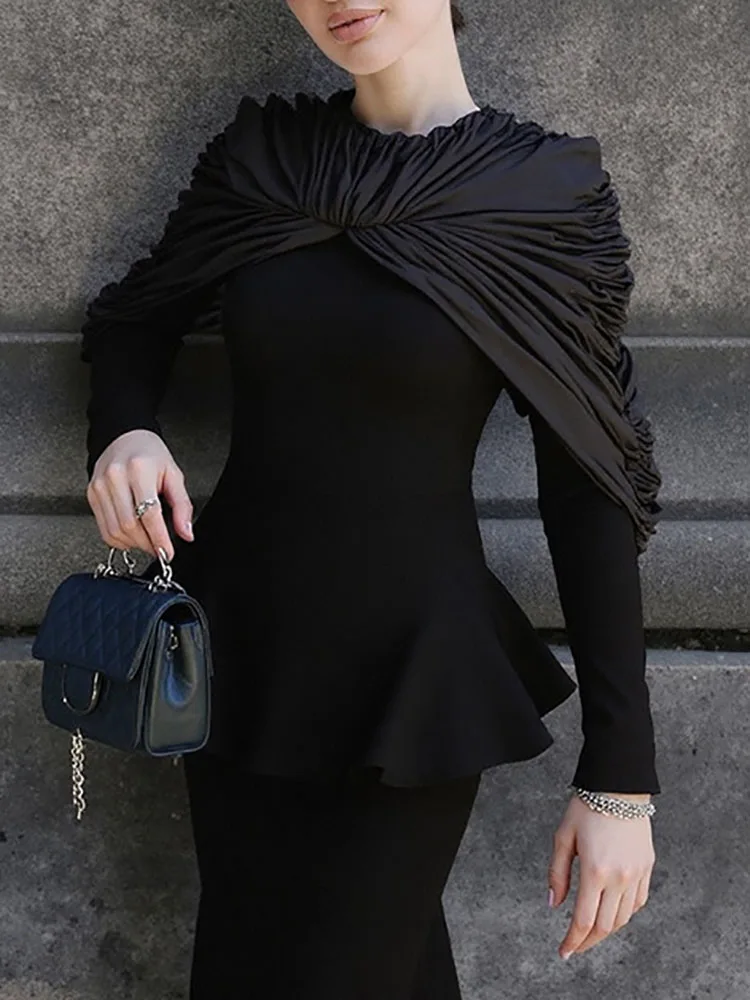 Atasan Wanita Lengan Panjang Kerah O + Rok Set Dua Potong Wanita Seksi Slim Fit Setelan Pesta Koktail FashionTemperamen Musim Gugur Pakaian Solid