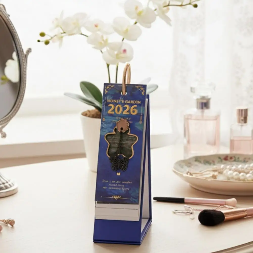 

Vintage Oil Painting Desk Calendar With Gold Binding Turn Days Inspirational Page One-Way 365 Daily Planner Quotes D7L6