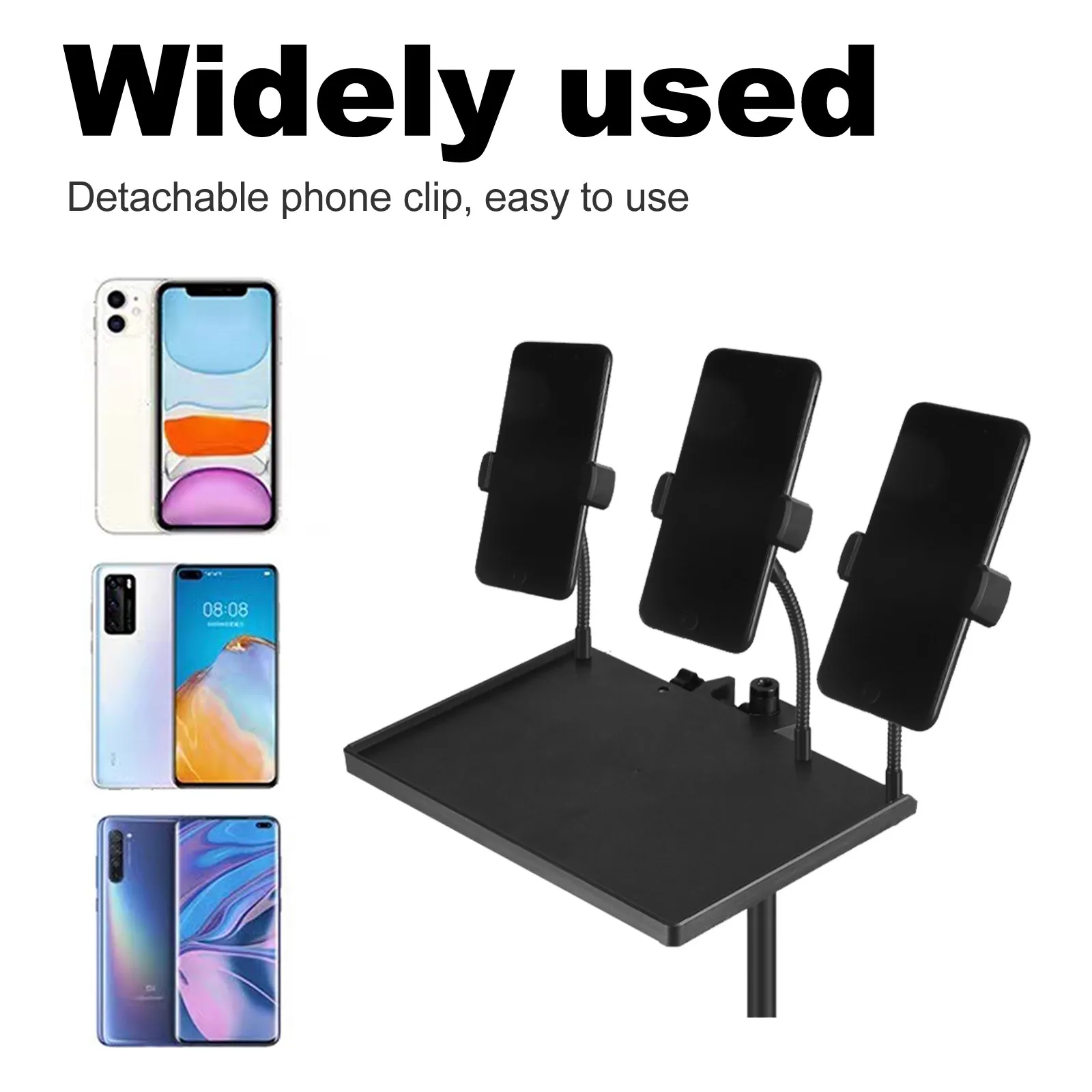 Mic Stand Tray Clamp-on Triple Phone Holder Music Sheet Sound Card Clip-on Bracket Adjustable Height Shelf Holder Detachable