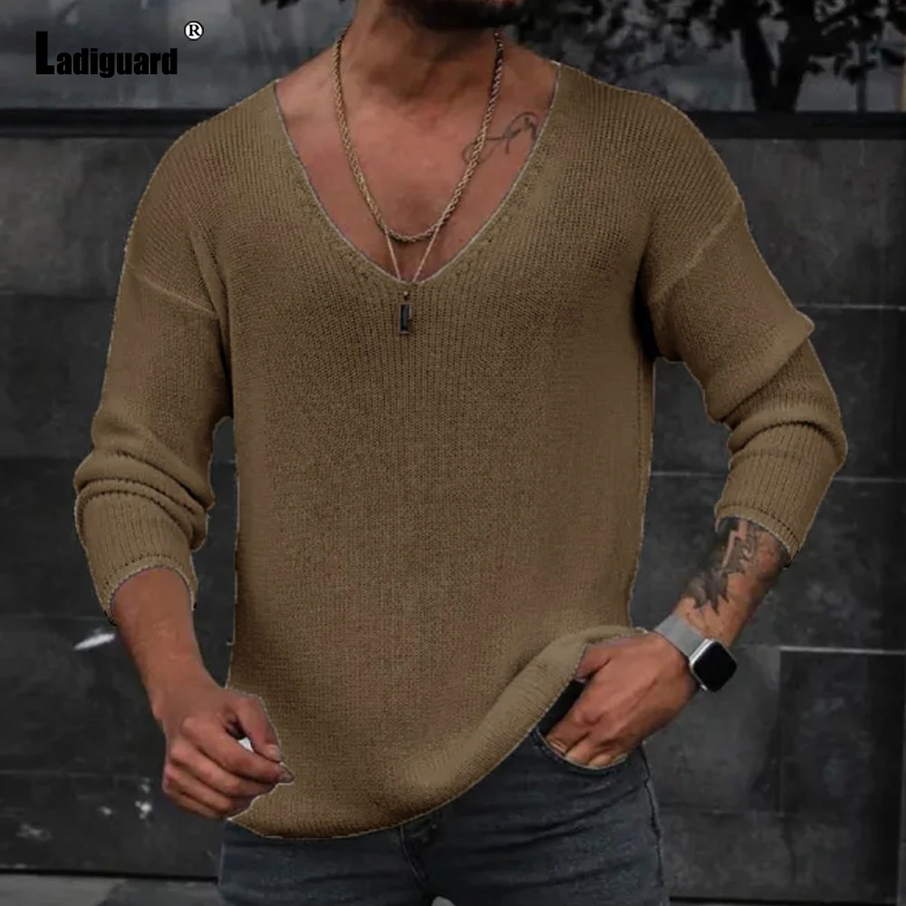 

Ladiguard 2023 Autumn New Knitting Sweaters Solid Casual V-Neck Pullovers Mens Fashion Street Tops Long Sleeve Basic Jumpers