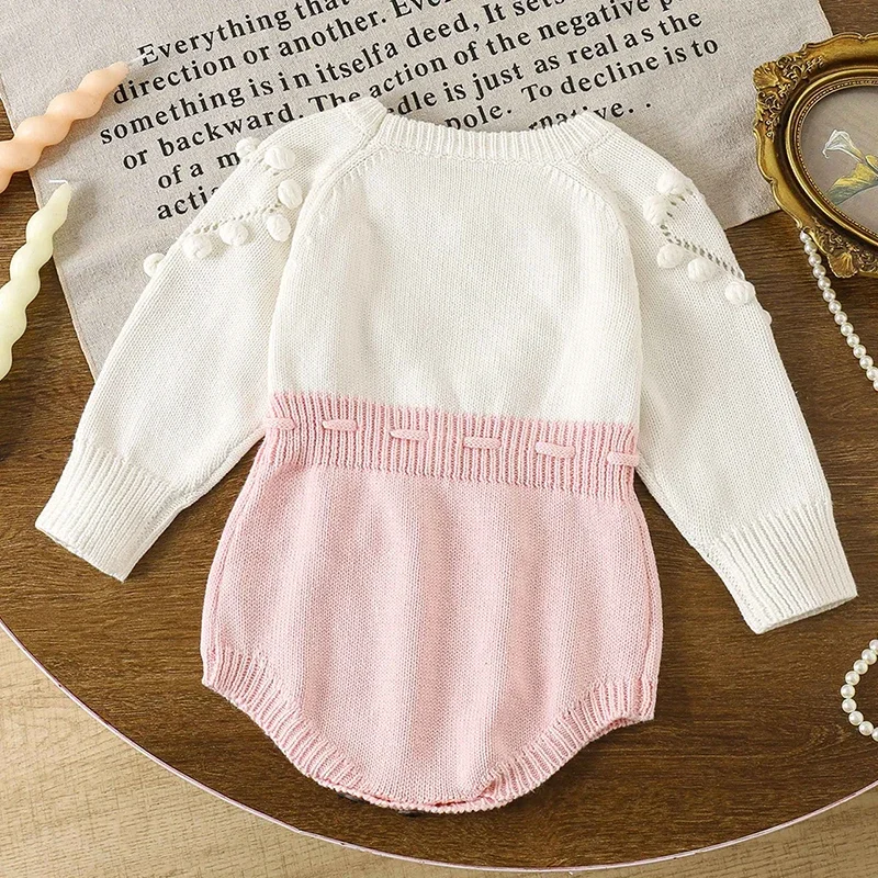 2025 New Autumn 0-24M Newborn Baby Girls Knitted Bodysuits Long Sleeved Splicing Infant Baby Girls Knitted Jumpsuit