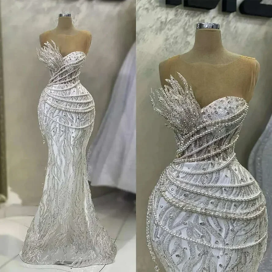 

Luxurious Sparkling Mermaid Handmade Lace Diamond Beaded Wedding Dress Sexy Off Shoulder Sleeveless Bridal Dress Customized