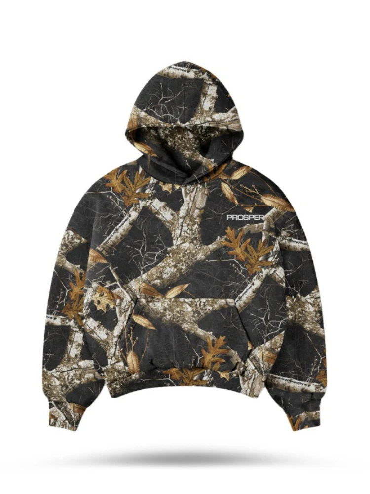 QWEEK High Street Hip Hop Oversize Camo Hoodie Y2k Retro Print Vintage Streetwear Camouflage Sweatshirt Pullovers 2024 Autumn