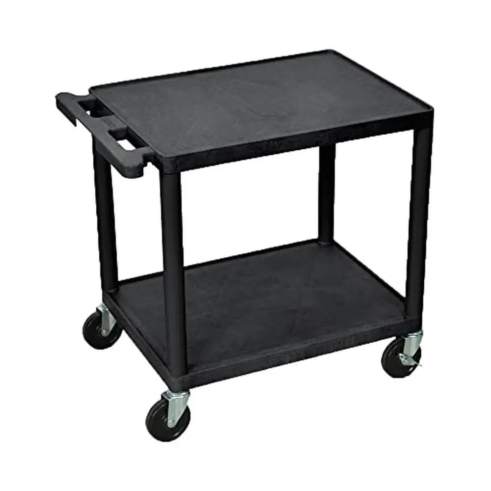 Durable Rolling AV Cart 2 Tier Utility Cart with Locking Casters Plastic Shelves Audio Video Equipment Multi Purpose Storage