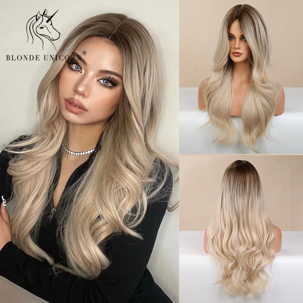 BLONDE UNICORN Synthetic Long Wavy Hair Wig Ombre Brown Light Blonde Platinum Cosplay Daily Natural Heat Resistant for Women