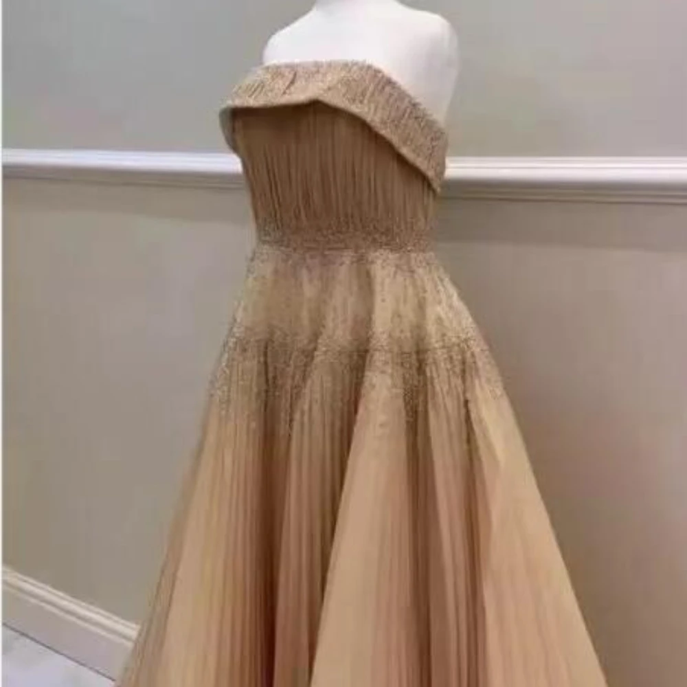 Vestidos de noche con cuentas de lujo para mujer, vestidos drapeados sin tirantes, línea A, elegantes, hasta el tobillo, fiesta de graduación, 2024