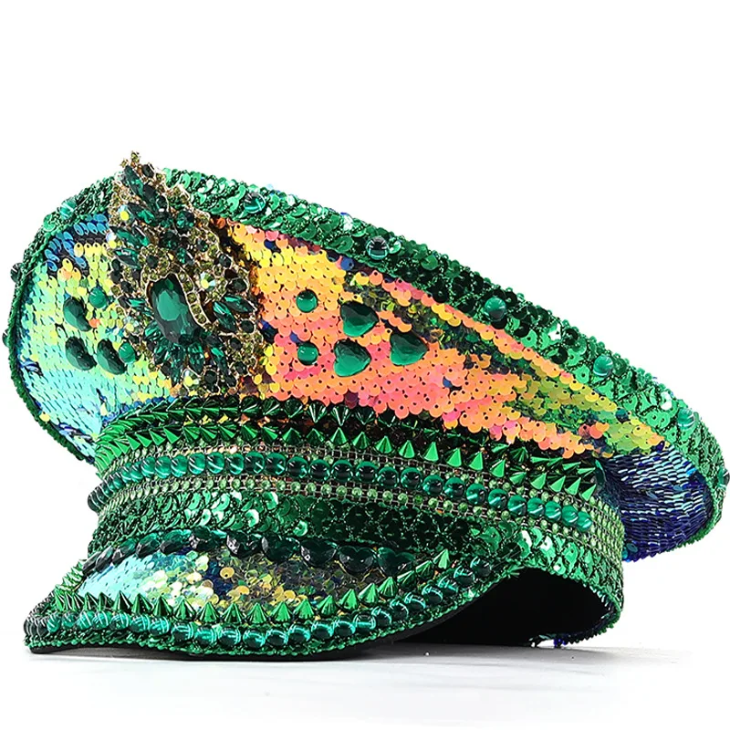 Green Sequin Festival Performance  Hot Diamond Versatile Diamond Crown Navy Hat Party Carnival Birthday Wedding Cover