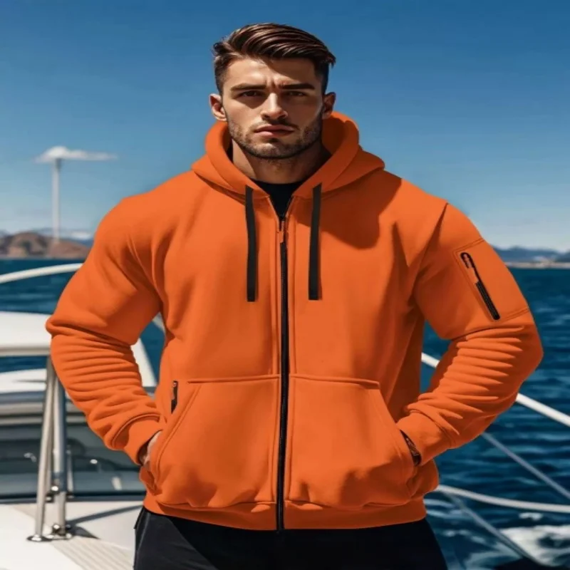 

Men's zip-up hoodie with kangaroo pocket, solid color coat, autumn and winter style, sports casual, fleece-lined for warmth