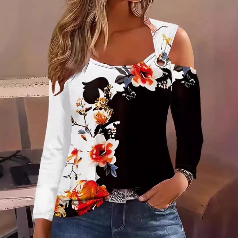 T Shirt Women 2025 New Casual Autumn Spring V-neck Metal Buckle long-sleeved Printed T-shirt Europe America Tshirt Clothing