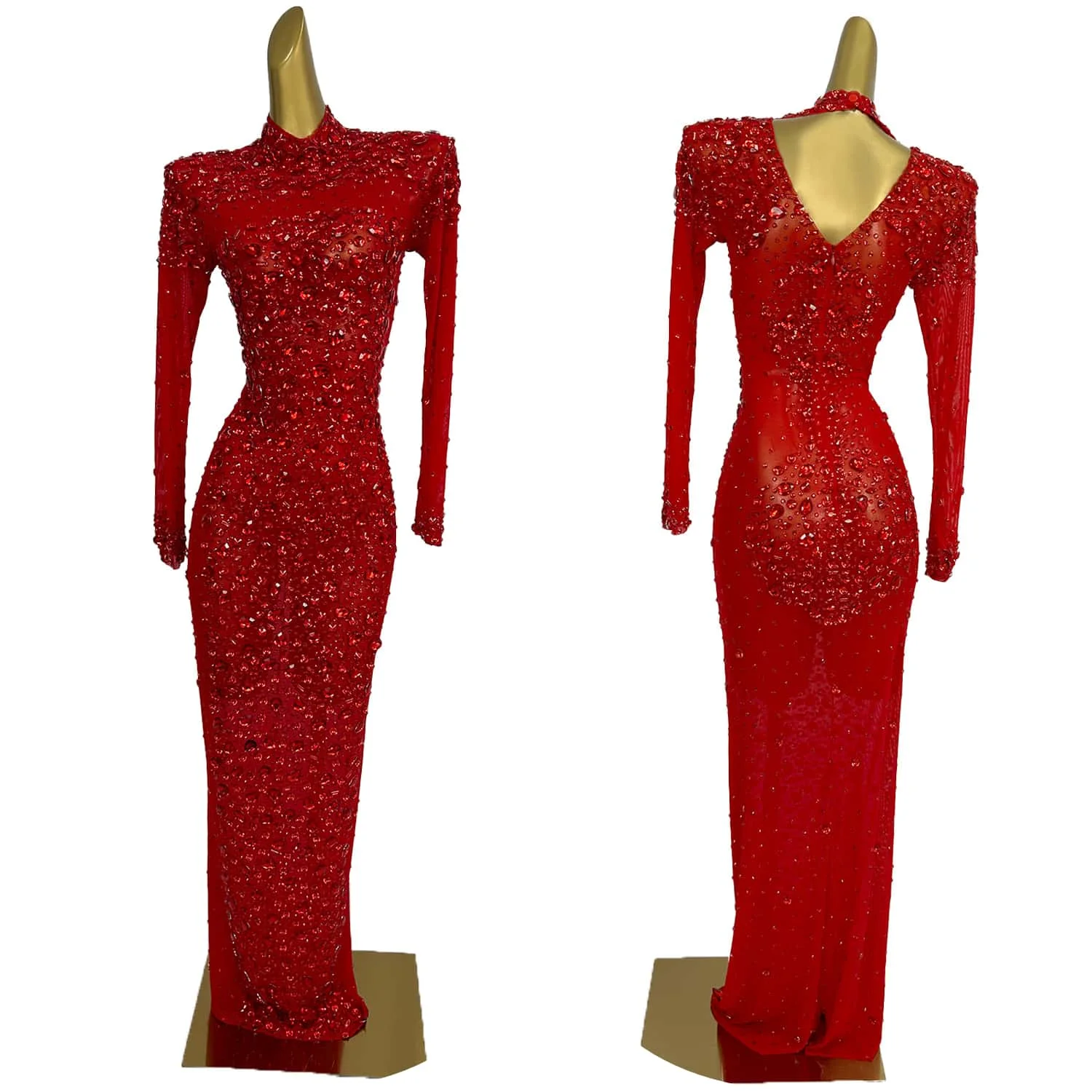 

Shinny Red Rhinestone Stretch Mesh Long Maxi Dress Women Evening Birthday Party Prom Gowns Nightclub Singer Stage Wear Cuixing