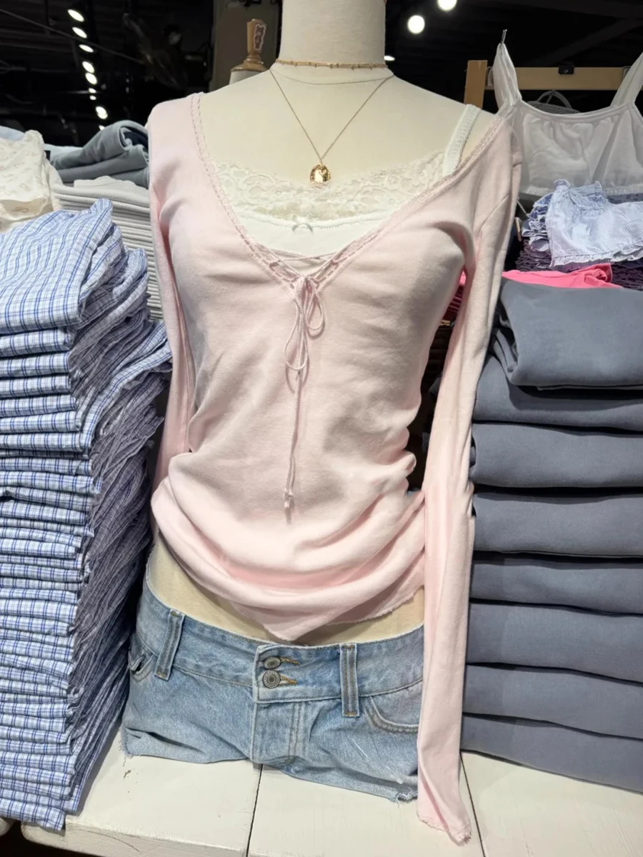 Sweet V-neck Lace-up T-shirts Women Streetwear Cotton Pink Slim Lace Trim Long Sleeve Tees Cute Simple Preppy Style Y2K Tops New