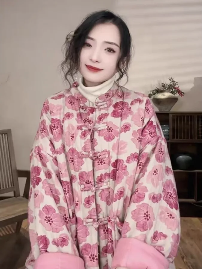 

New Chinese Sle Floral Print Cotton Jaet Women's Winter Thiened ort Coat Button Design Traditional National Trend