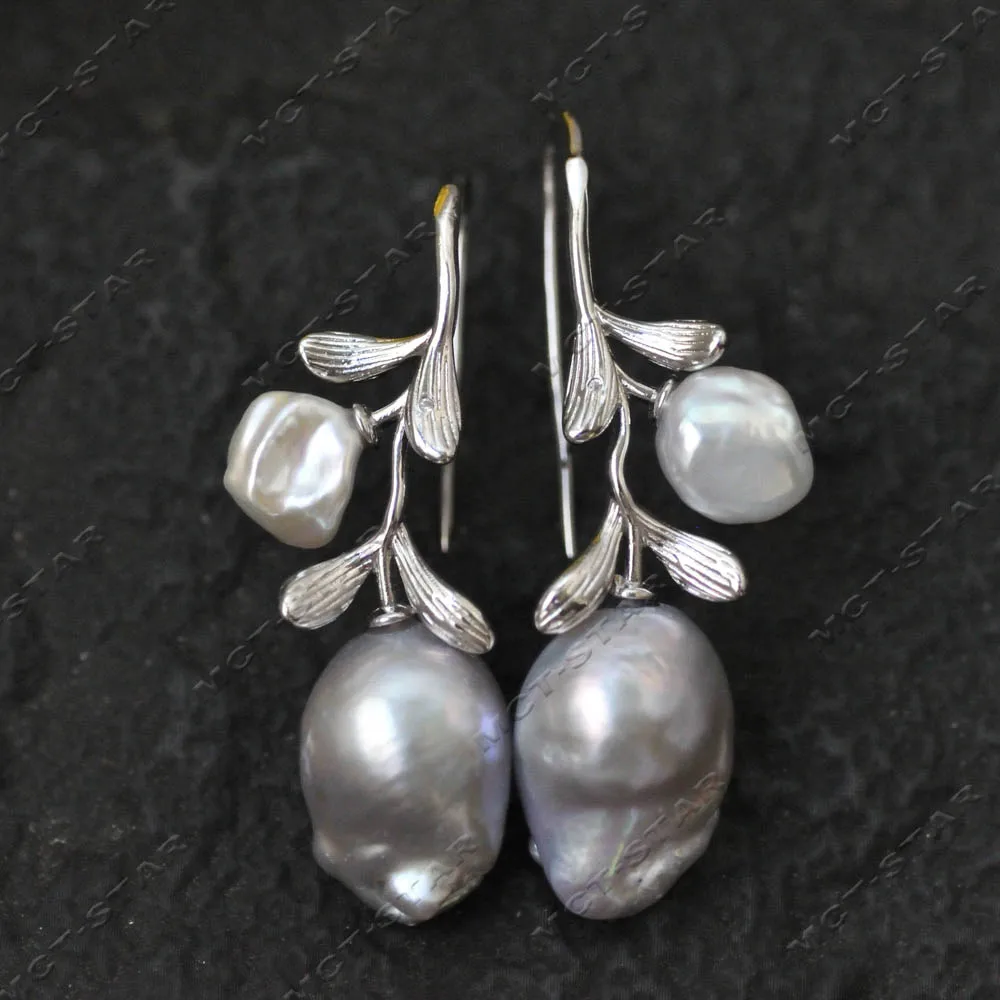 Z14724 2" 19mm Gray Black White Baroque Keshi Pearl Lily Of The Valley Silver Branch Dangle Earring
