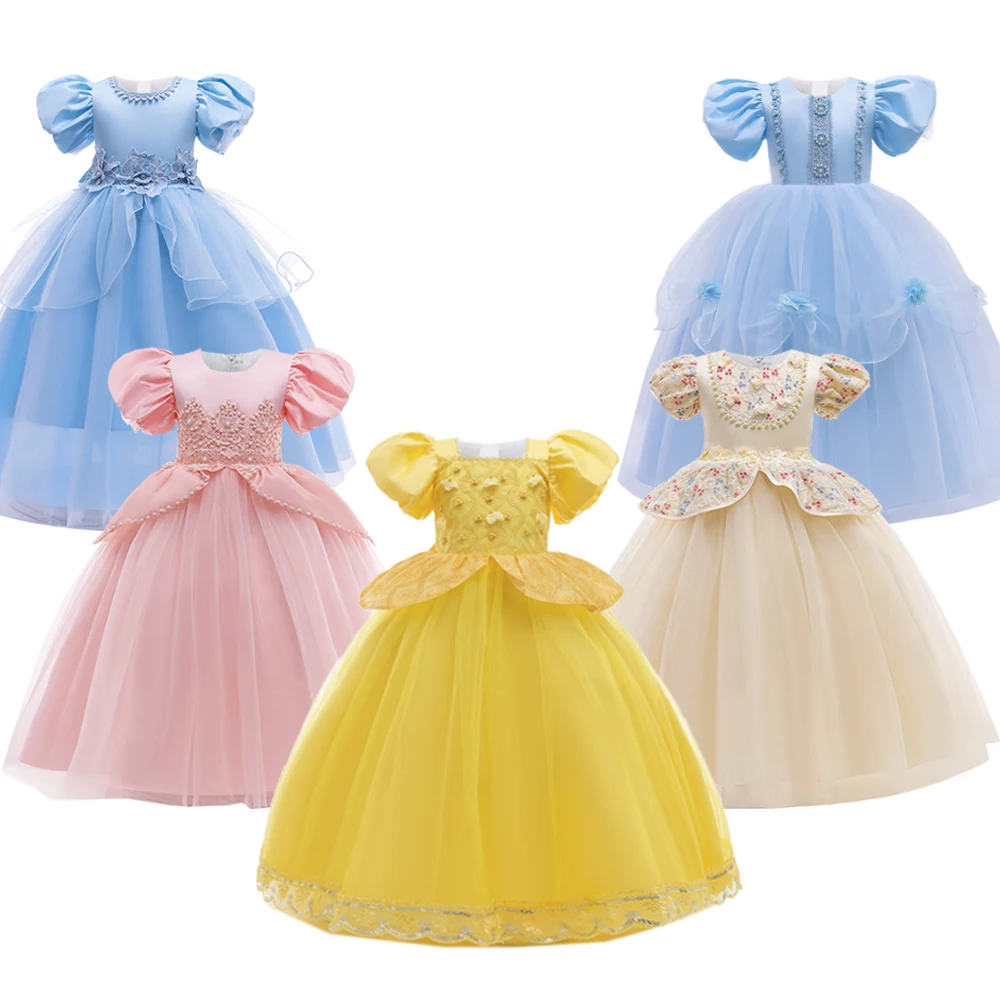 Summer Colorful Flower Girls Party Dresses Christmas Costume Puff Sleeve Bow Princess Bridemaid Dress for Girl Wedding Prom Gown