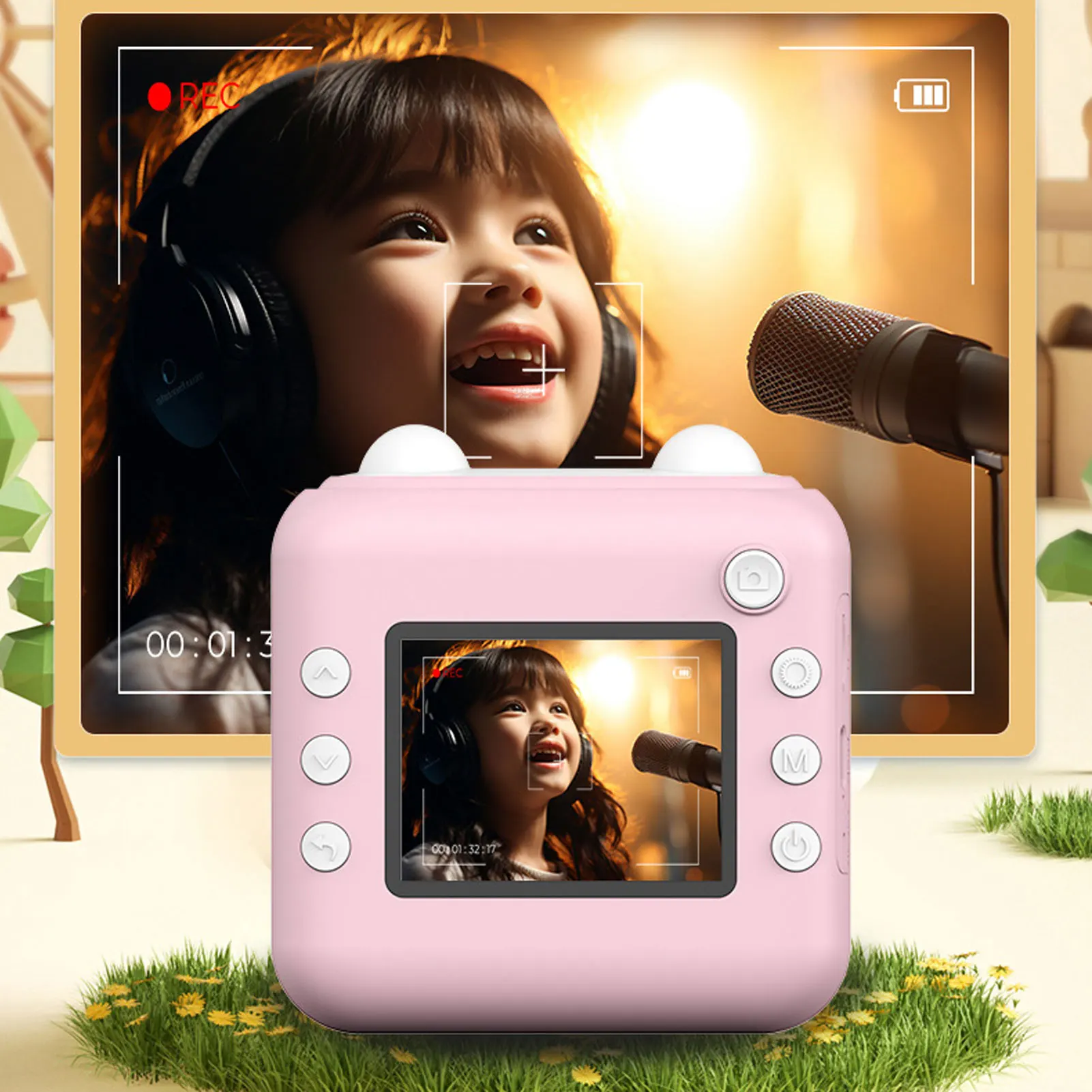 كاميرا طباعة فورية تشغيل موسيقى MP3 شاشة 2.4 بوصة 24 ميجابكسل 1080 بكسل كاميرا أطفال بعدسة مزدوجة مع ورق طباعة لفة واحدة للحياة اليومية