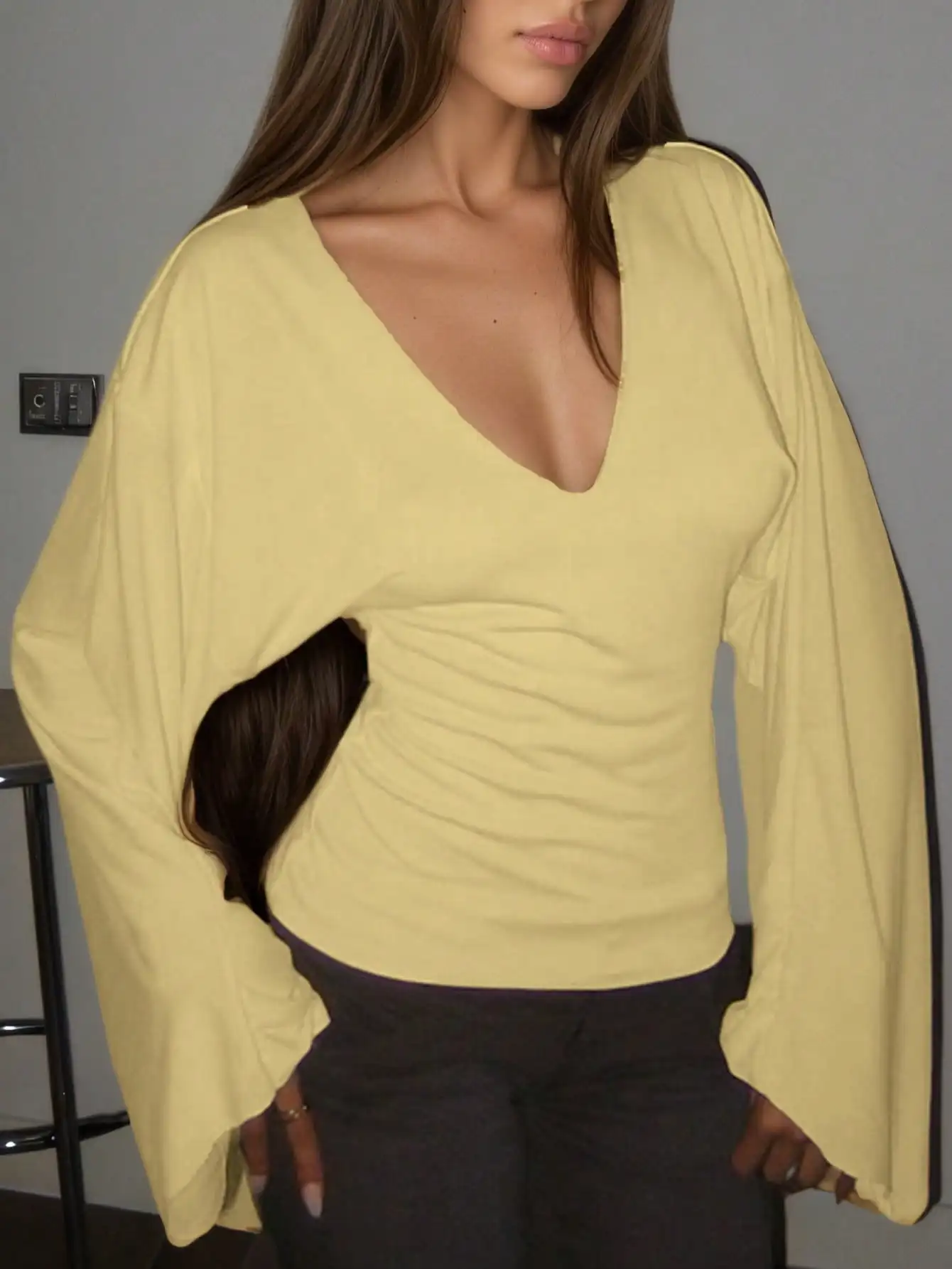 

Women's Deep V Neck Long Sleeve Knitted Top with Ruched Detail, Soft Stretchy Yellow Blouse