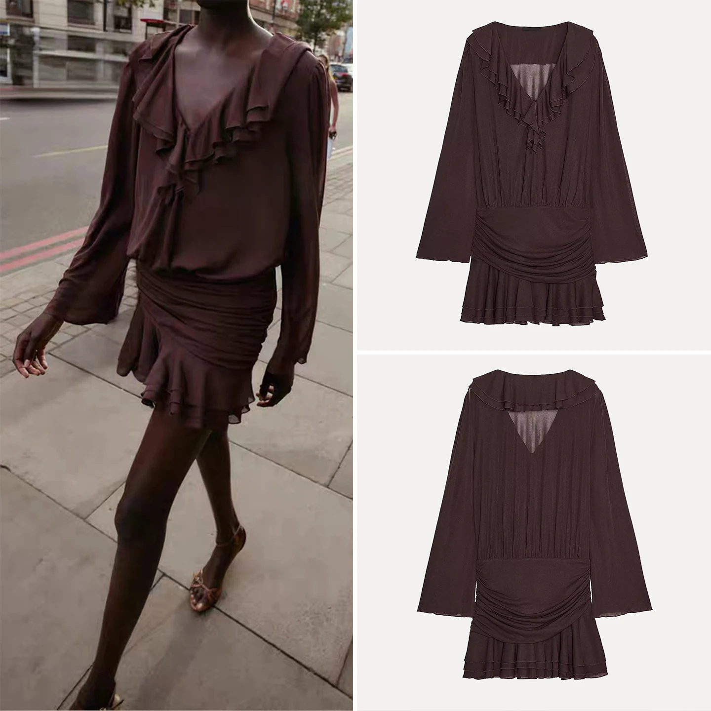 Casual em camadas decorativas feminino dr faionable outono 2025 longo sve v-ne outro material vestido feminino z marca