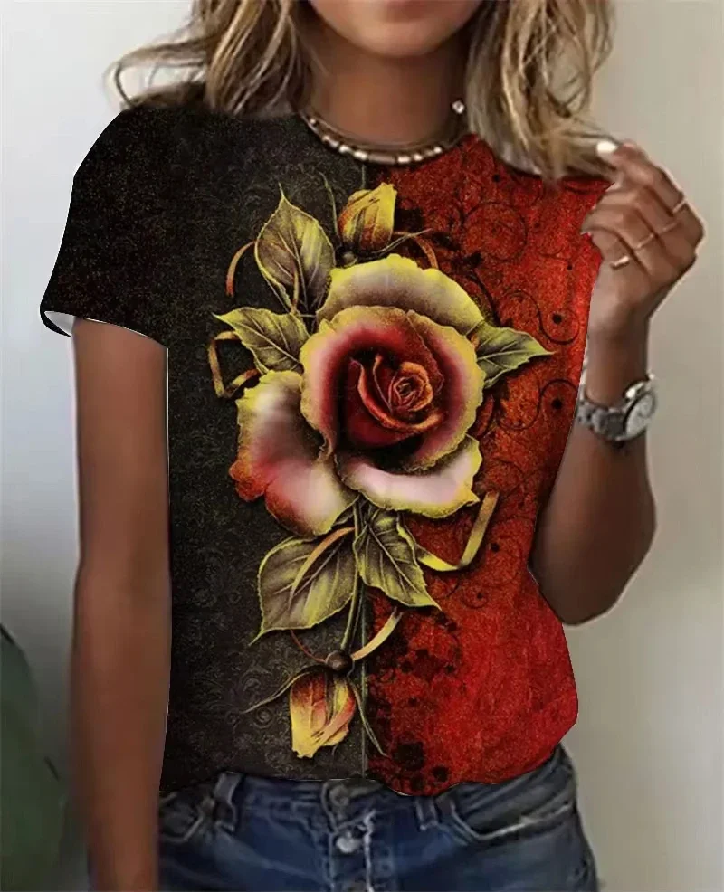 جديد أزياء المرأة قصيرة الأكمام تي شيرت روز نمط 3D الطباعة المألوف Harajuku جولة الرقبة قميص المتضخم الرجال الملابس