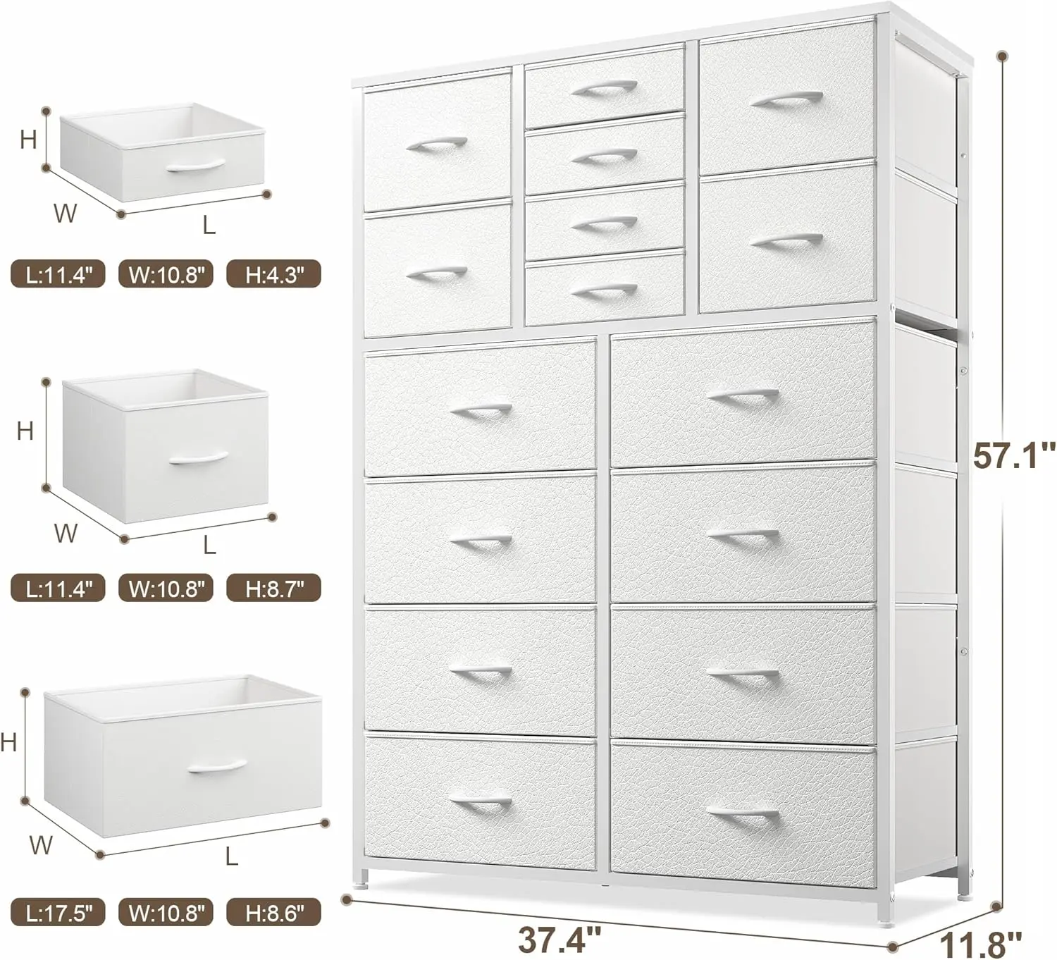 White Dresser,Dresser for Bedroom with 16 Drawers, Tall Dressers & Chests of Drawers with Wood Top, Metal Frame,Tall