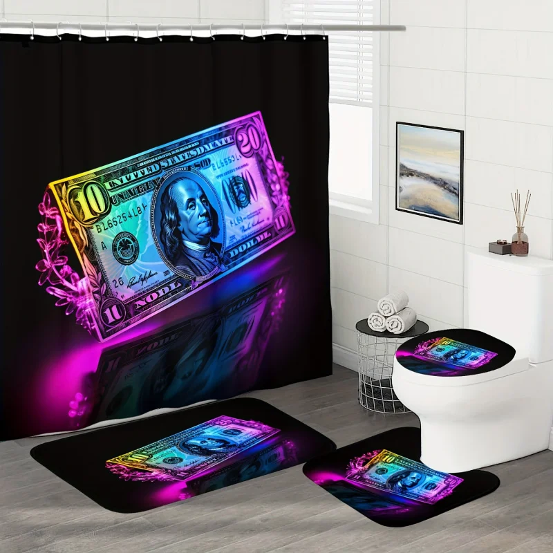 72x72 inches Forest Theme Glowing US Dollars Pattern Digital Printed Shower Curtain Set with Toilet Seat & Bath Mat, Waterproof,