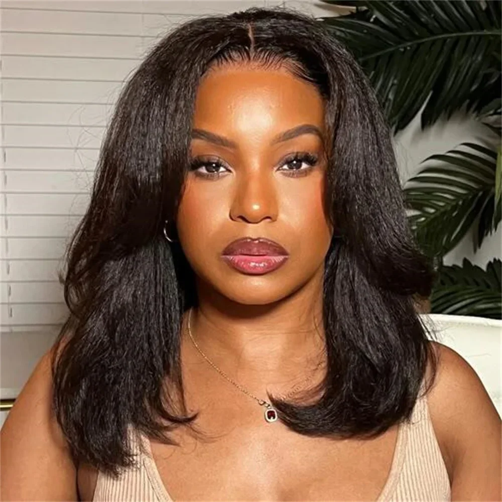 

Natural Black Short Bob 16Inch 180Density Soft Yaki Preplucked Kinky Straight Synthetic 13x4 Lace Front Wig Baby Hair Glueless
