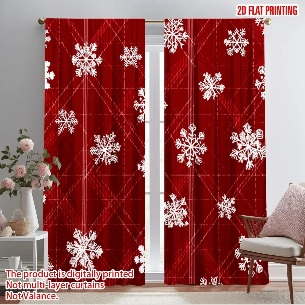 2pcs,2D plane printing Print Curtains Christmas lattice white snowflakes Polyester Easy Install (without rod) Outdoor