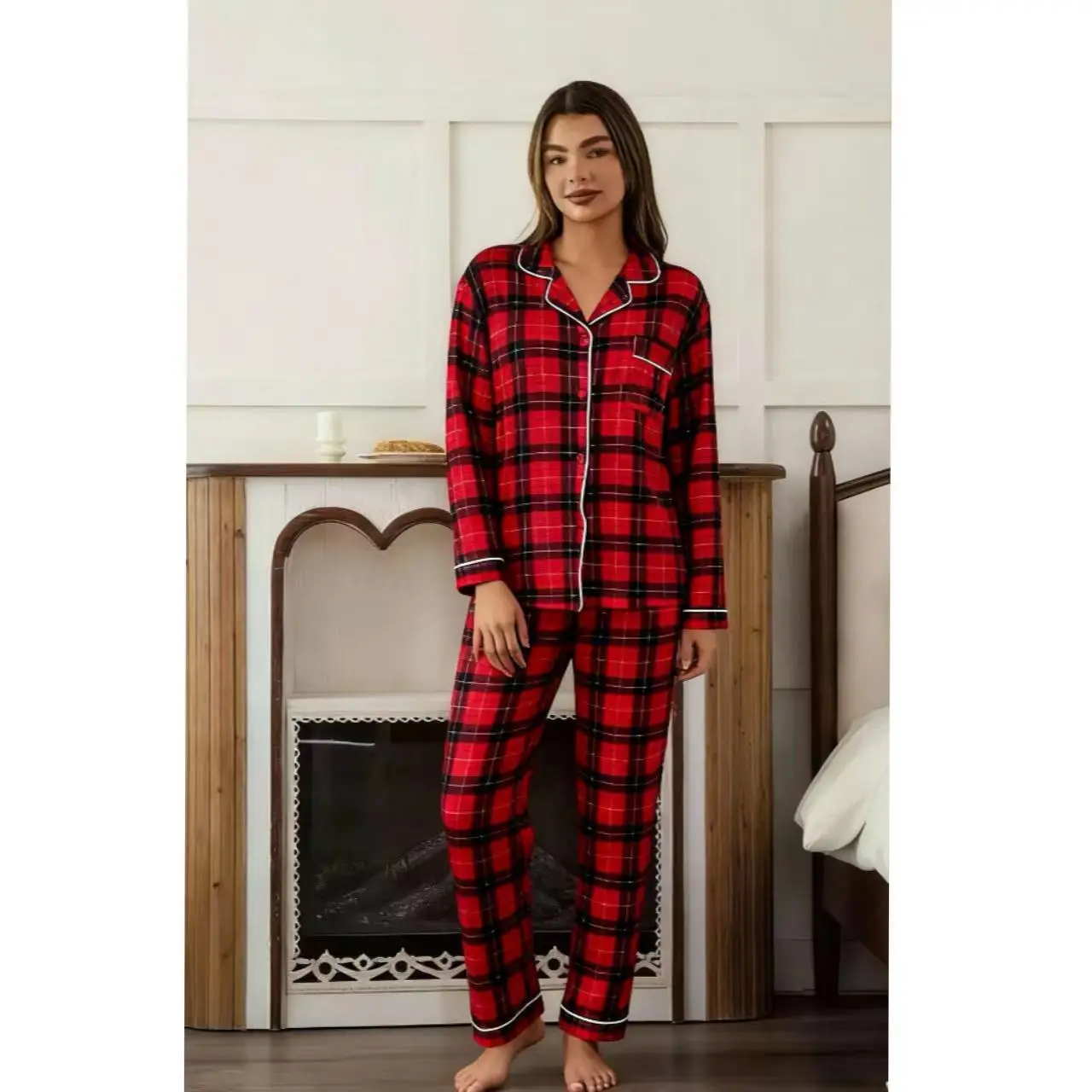 

Women Pajamas Set Long Sleeve Pajamas Hot Sale Style Red Plaid Lapel Women's Pajamas Set Loungewear