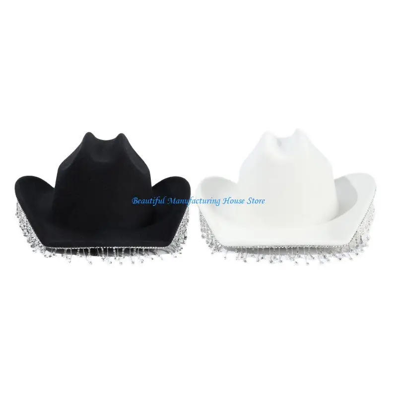 

E56A Cowboy Hat with Rhinestones Tassels Glitter Rave Cowgirl Hat 58cm/23" Cap Circumference Fit for Adults Women White Black