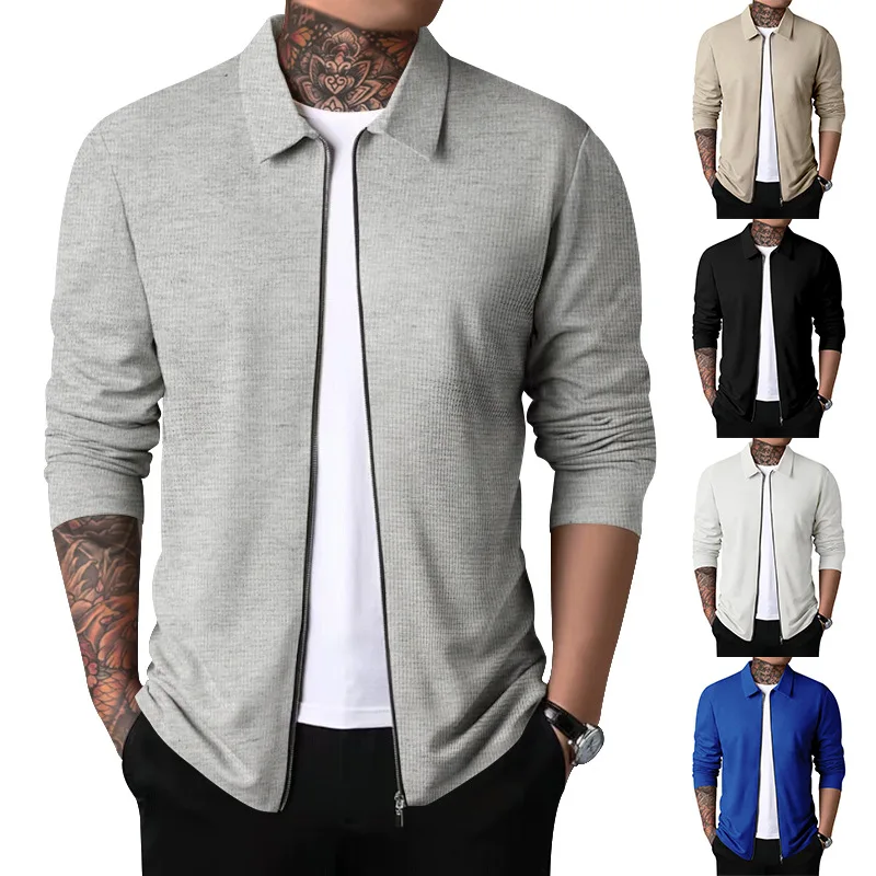 

2024 Spring and Autumn New Men Waffle Zipper Flip Collar Slim Fit Cardigan Male Jacket Coat