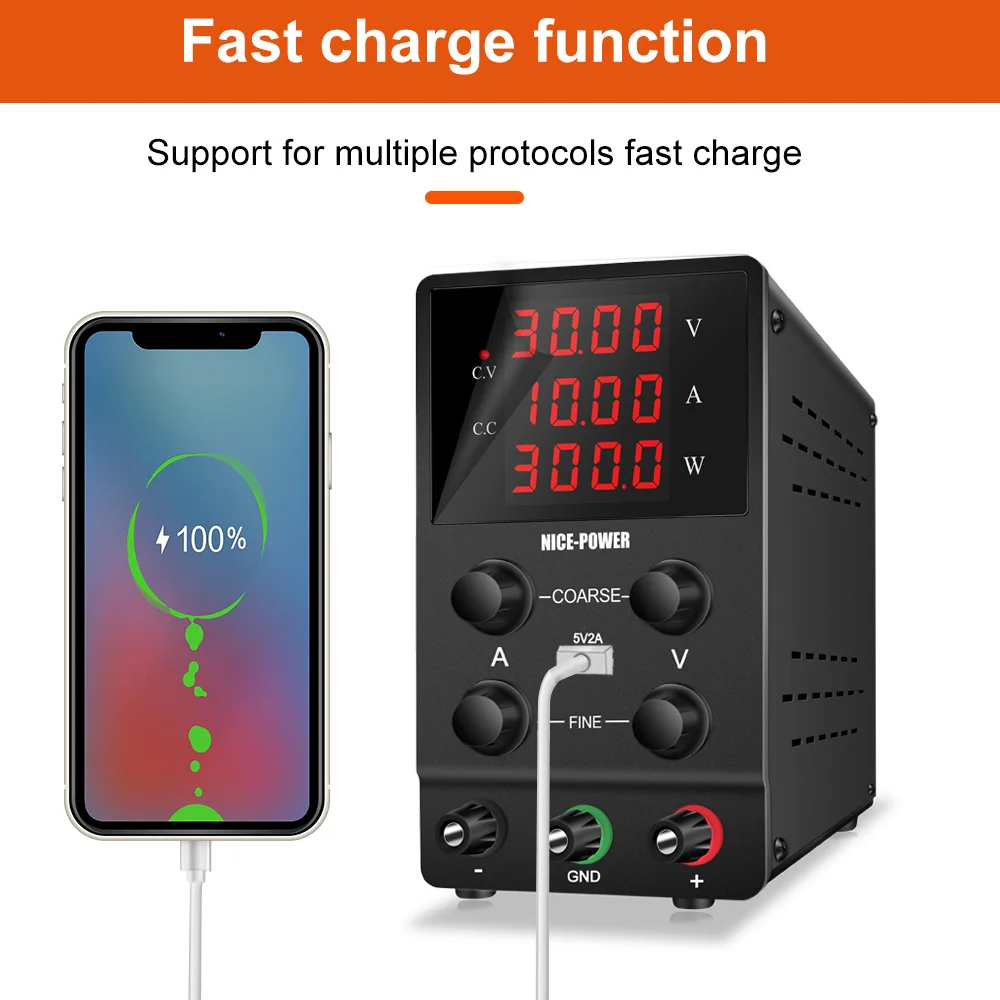 Imagem -04 - Nice-power Lab Ajustável dc Power Supply Carga Rápida com Potenciômetro Fonte de Bancada Display Led de Dígitos Usb-a 30v 10a