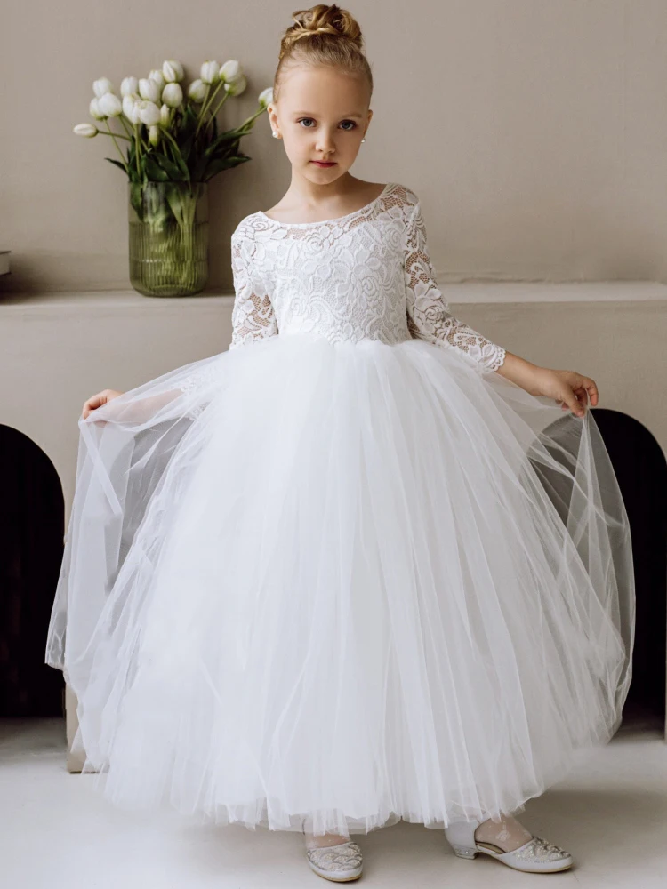 

White Flower Girl Dresses Tulle Puffy Appliques Long Sleeve For Wedding Birthday Banquet First Communion Gowns