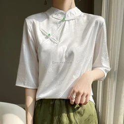 Chinese pearl disc buckle stand collar improved black white cheongsam shirt women summer new national style half sleeve blouse