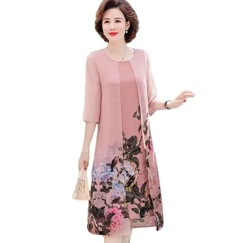 

Summer New Printed Dress 2023 Mid-length Half-sleeve Fake Two-Piece Chiffon Skirt Female Korean Version Elegant Long Skirt 5X