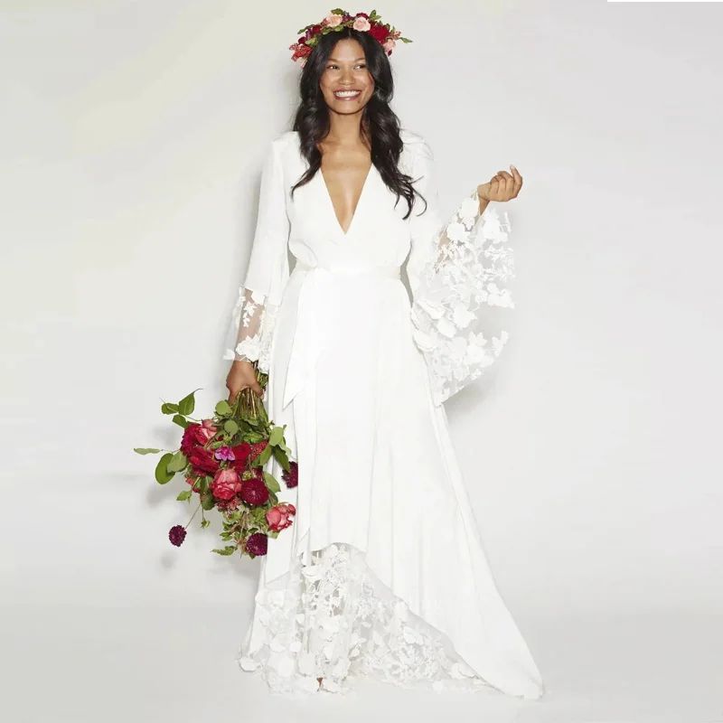 

Charming Wedding Dress Flare Long Sleeves Deep V-neck Appliques Illusion Lace Bridal Gowns 2024 Custom Made Vestidos De Novia