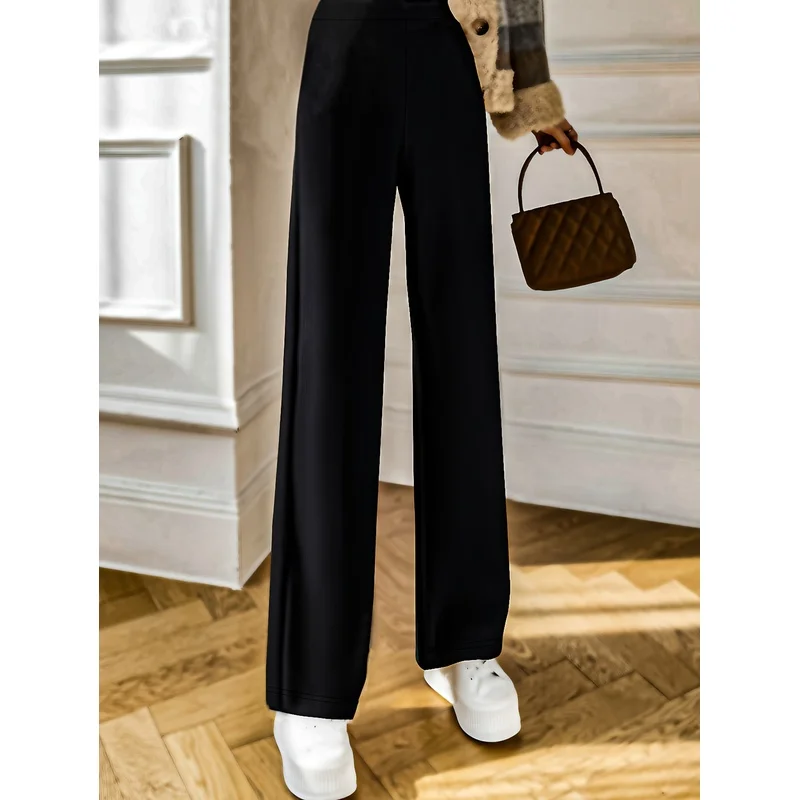 2025 Chique moderne wijde pijpen broek dames effen zwarte comfortabele afslankende kantoor casual broek