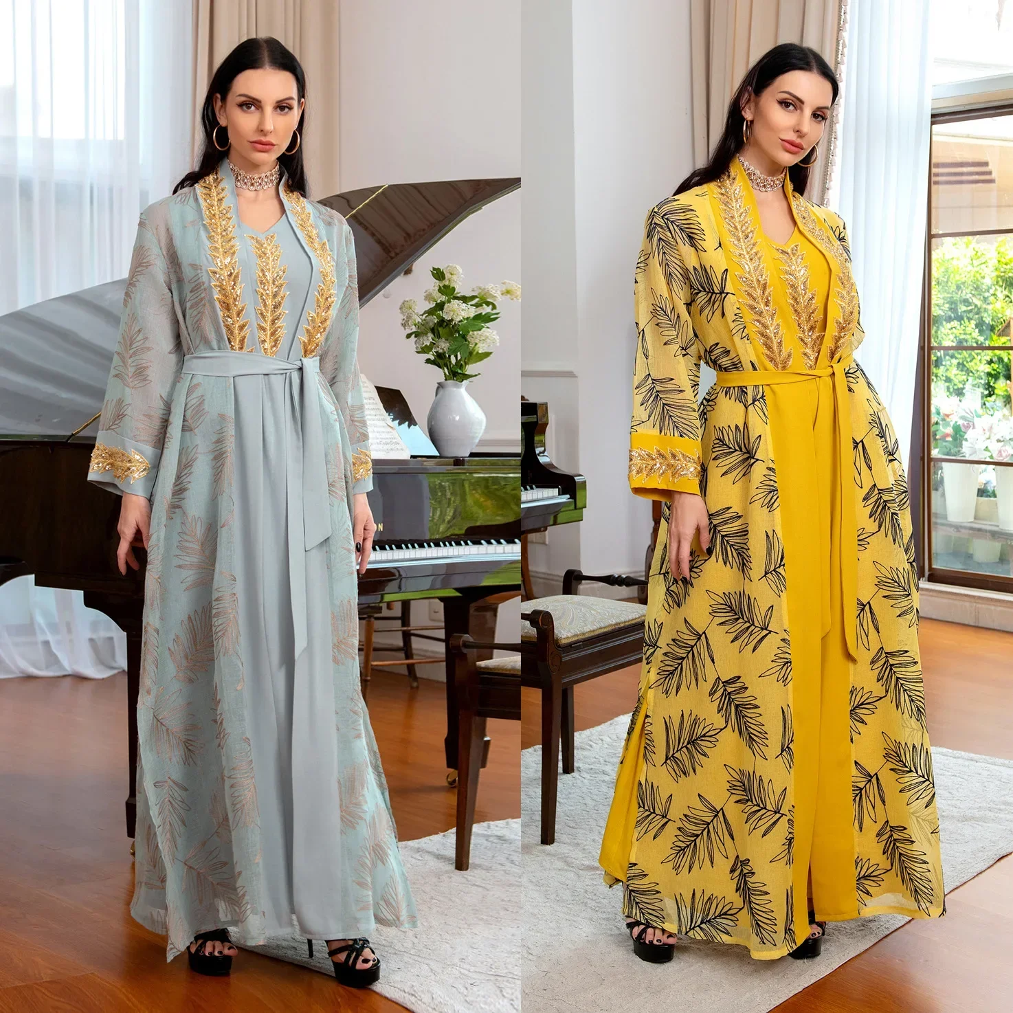 

Dubai Arabian Dress Muslim Sets Printed Lace-up Women Matching Set Long Sleeve V-Neck Turkish Sequin Suit Casual Ladies Outfits