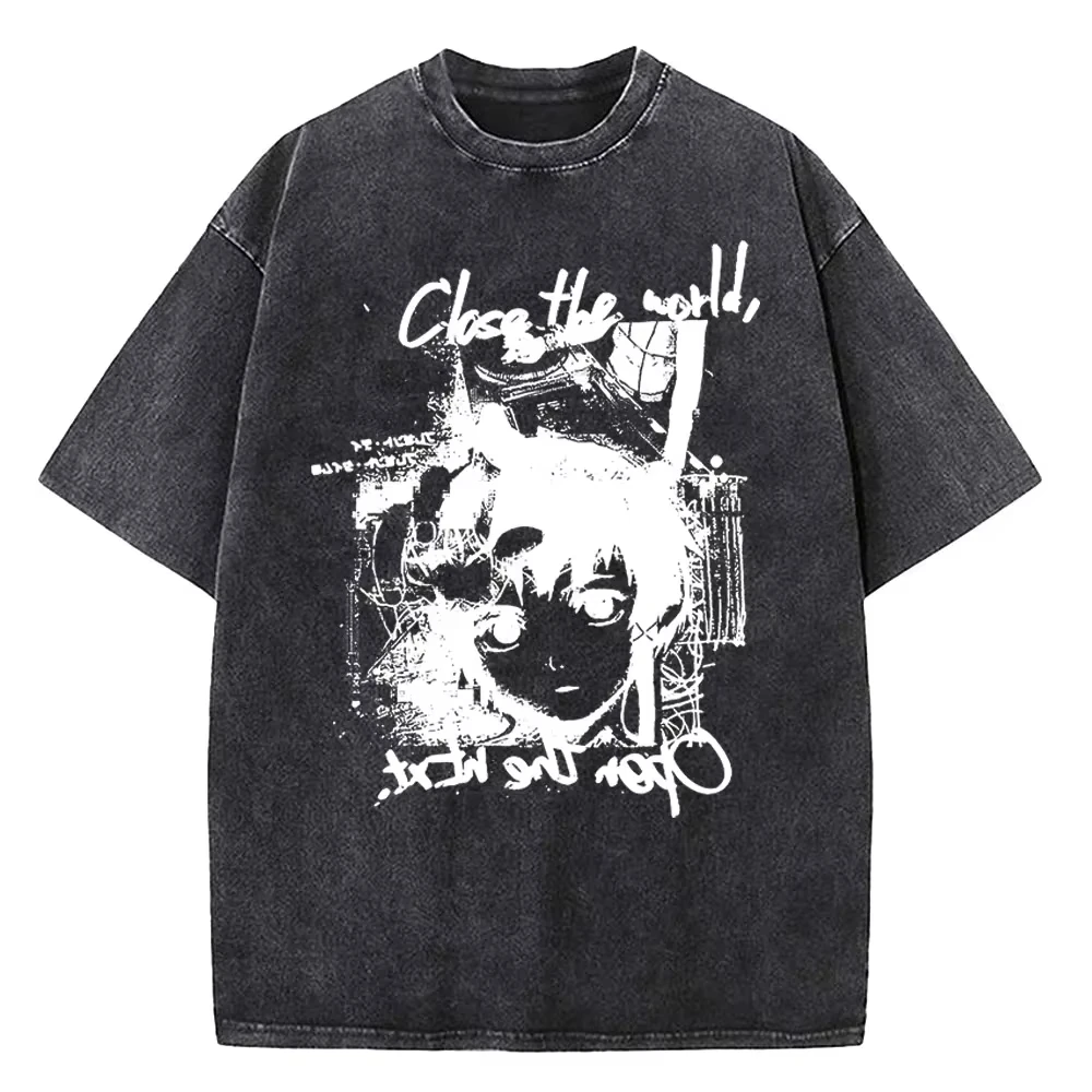 Japanese Anime Serial Experiments Lain Vintage Washed Graphic Print T-shirt Men Women Harajuku Oversized Tee O-neck Cotton Top
