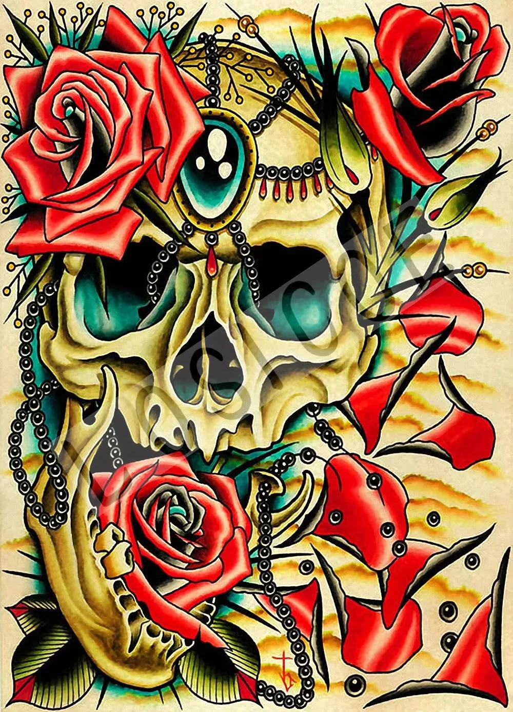 Rose Skull Vintage kraft Paper Painting Core Tattoos Prints Art Wall Stickers Retro Poster Mural Home Room Wall Decoration S1
