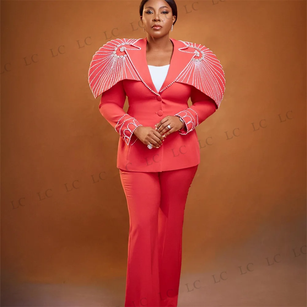 Costume 2 Pièces avec Perles pour Femme, Blazer et Pantalon Slim Fit, Grande Taille, Diamants, Perles, Bal de Mariage, sur Mesure, Mère de la Mariée