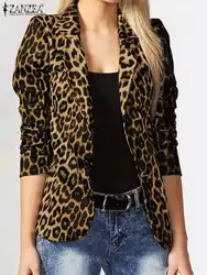 ZANZEA Women OL Blazer Fashion Ladies Office Suits Button Up Outwears Oversized 2023 Spring Summer Female Leopard Lapel Coats