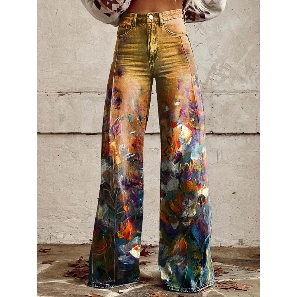 Damenhose mit Folk-Art-Print, hoher Taille und weitem Bein, Boho-Freizeithose, farbenfrohe, bequeme, locker sitzende Hose für den Alltag – Detail 3