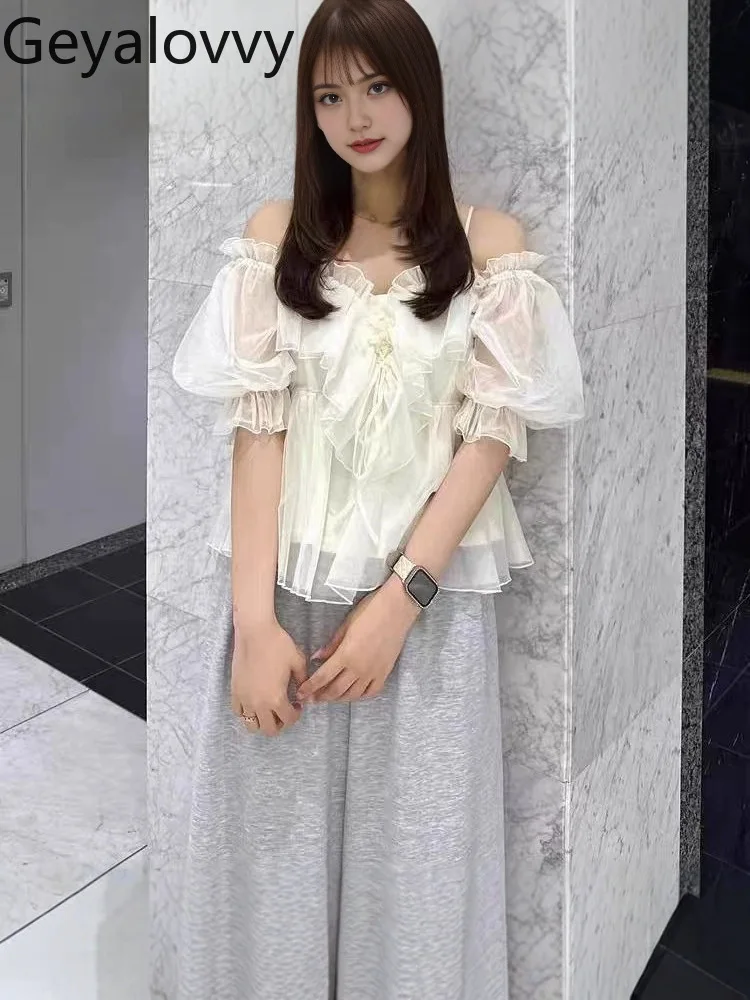 Romantyczna bluzka z falbankami, odkryte ramiona, wysoki stan, szyfonowa bluzka, modna, jednolita, damska, letnia.