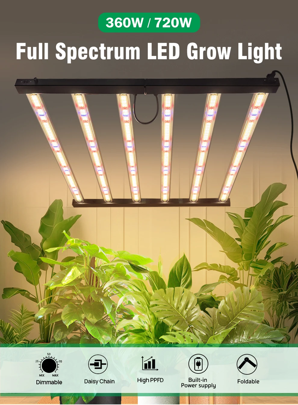 360W 720W LED Pflanzenlampe Vollspektrum Blau 460nm Rot 660nm IR 730nm UV 395nm, 2,7umol/J 1280umol/J/s Hohe PPFD Hanfpflanzenlampe für 4 × 4 5 × 5FT Zelt – Detail 1