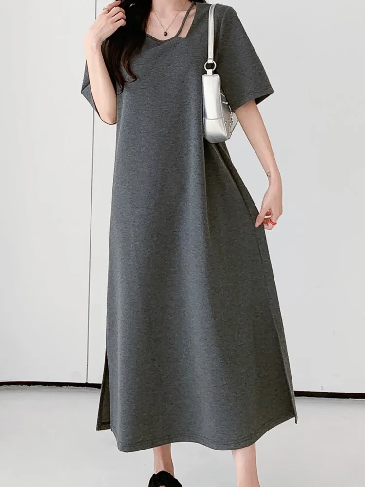 Summer Oversize Solid Loose T Shirt Dress Women Korean Loose V-Neck Short Sleeve Casual Straight Ladies Dresses Female Vestidos