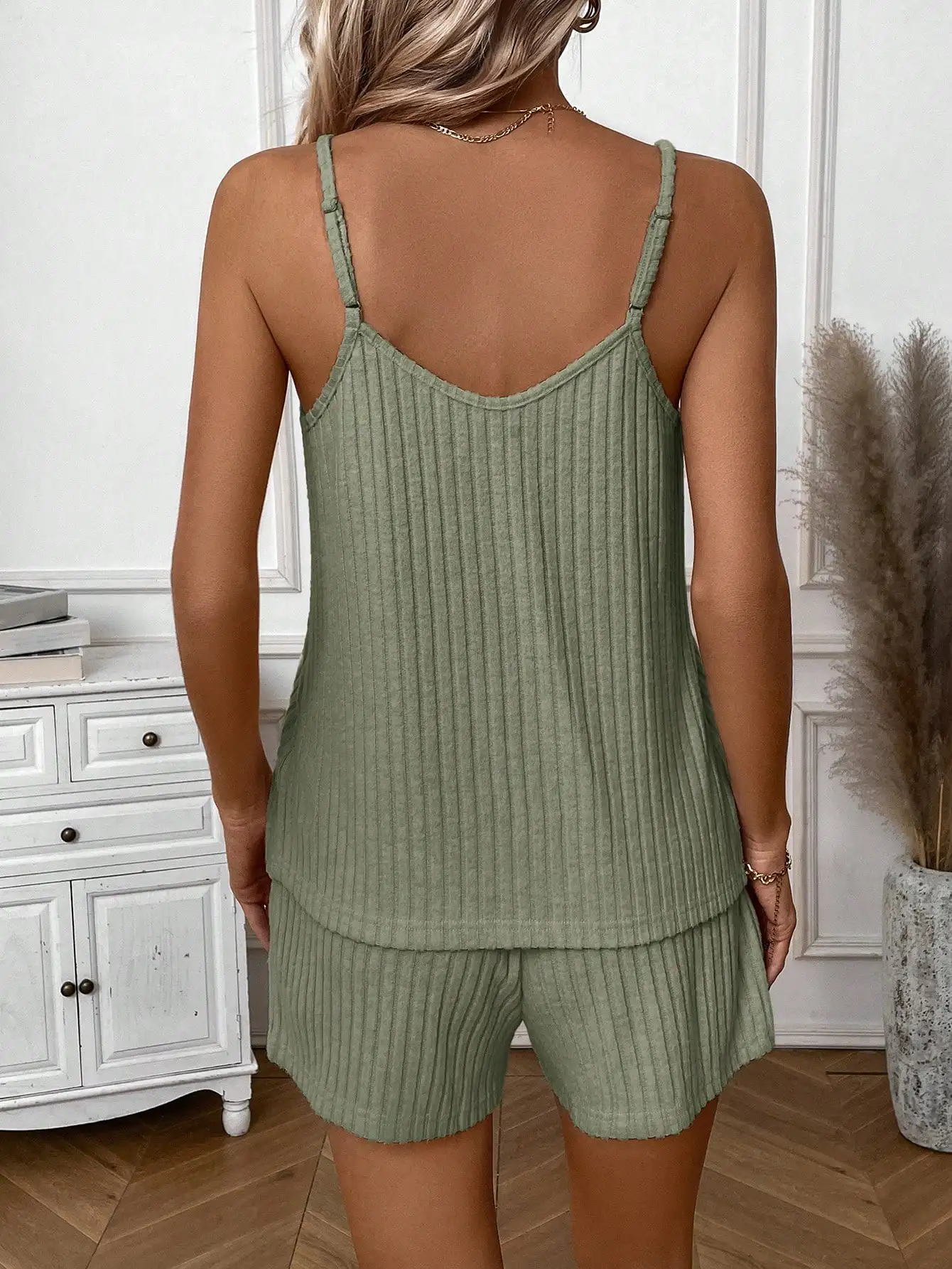 Women's Ribbed V-Neck Spaghetti Strap Tank Top & Shorts Set, Loose Fit Summer Casual Outfit