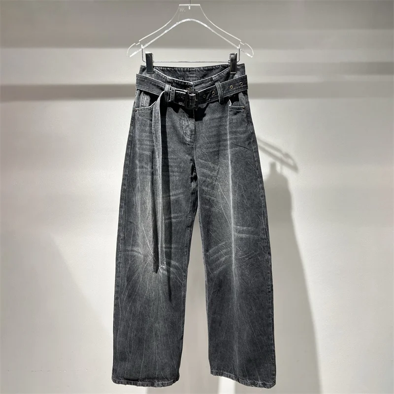 Damenjeans 2026 Frühjahr neue Low-Waist-Slim-Fit-Hose mit geradem Bein Gürteldekoration Baumwolle Hose mit geradem Bein Damenhose