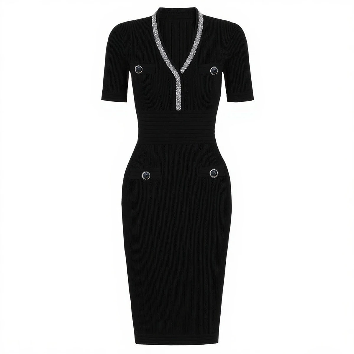 

Six Colors Of High-quality Summer And Autumn New Short Sleeved V-neck Elastic Knitted Slim Fit Nail Bead Wrapped Women's Dress