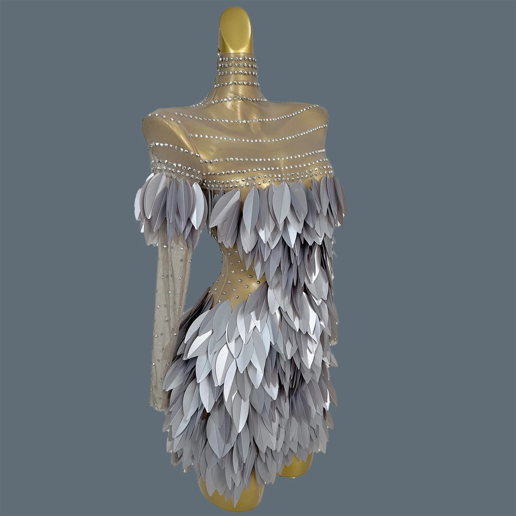 

3D Hard Feather Mini Dress Cocktail Dress Sparkly Rhinestone See Through Mesh Party Outfit Evening Dress Club Dance Wear Zhaji